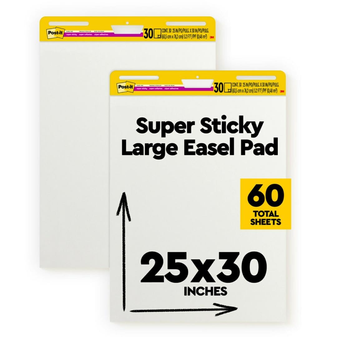 Post-it Super Sticky Easel Pad, 25 x 30 Inches, 30 Sheets Per Pad, 2 Pads, Large, White, Premium Self Stick Flip Chart Paper,