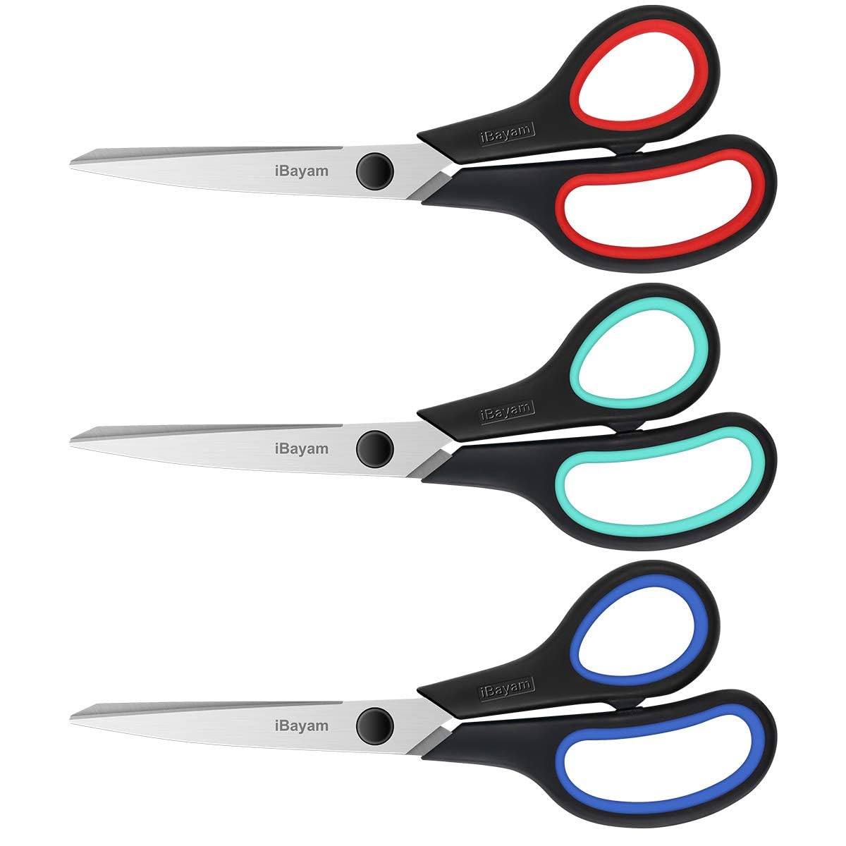 iBayam 3-Pack 8" Heavy Duty Scissors with Ultra Sharp Blades and Comfort Grip Handles - For Office, Home, School, Sewing, and