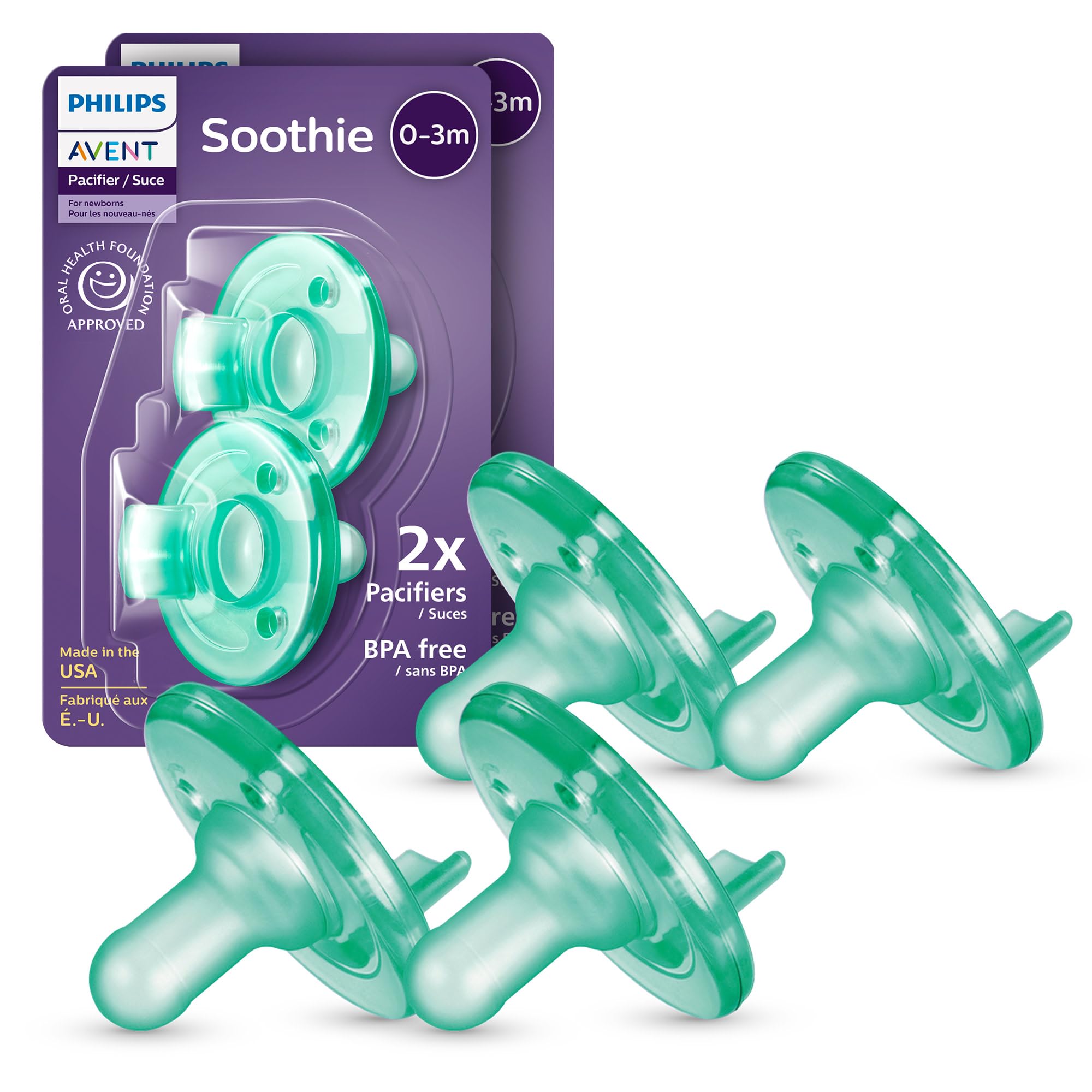 Philips Avent Soothie Baby Pacifiers - 100% Silicone Pacifiers for Babies 0-3 Months, One-piece Design, BPA-Free, Extra Durab