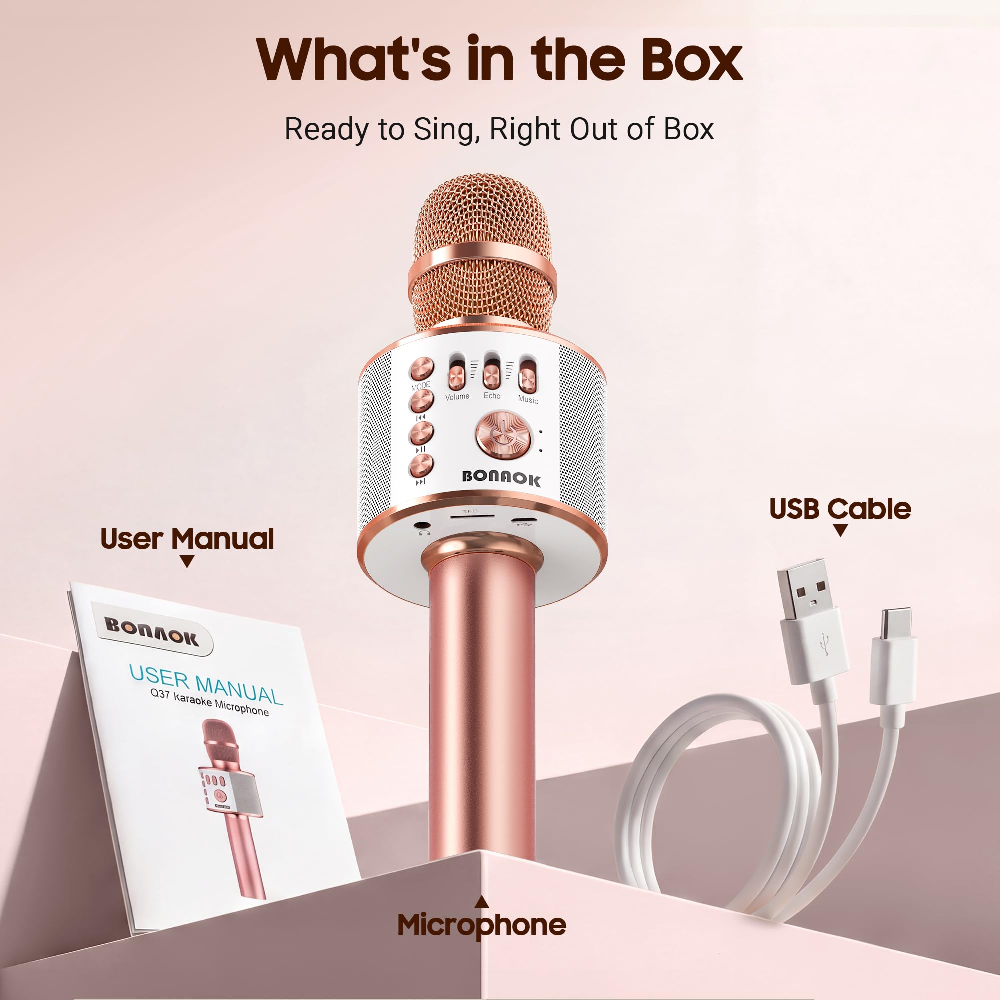 BONAOK Wireless Bluetooth Karaoke Microphone,3-in-1 Portable Handheld Karaoke Mic Speaker Machine Home Party Birthday for All Smartphones PC(Q37 Rose Gold)