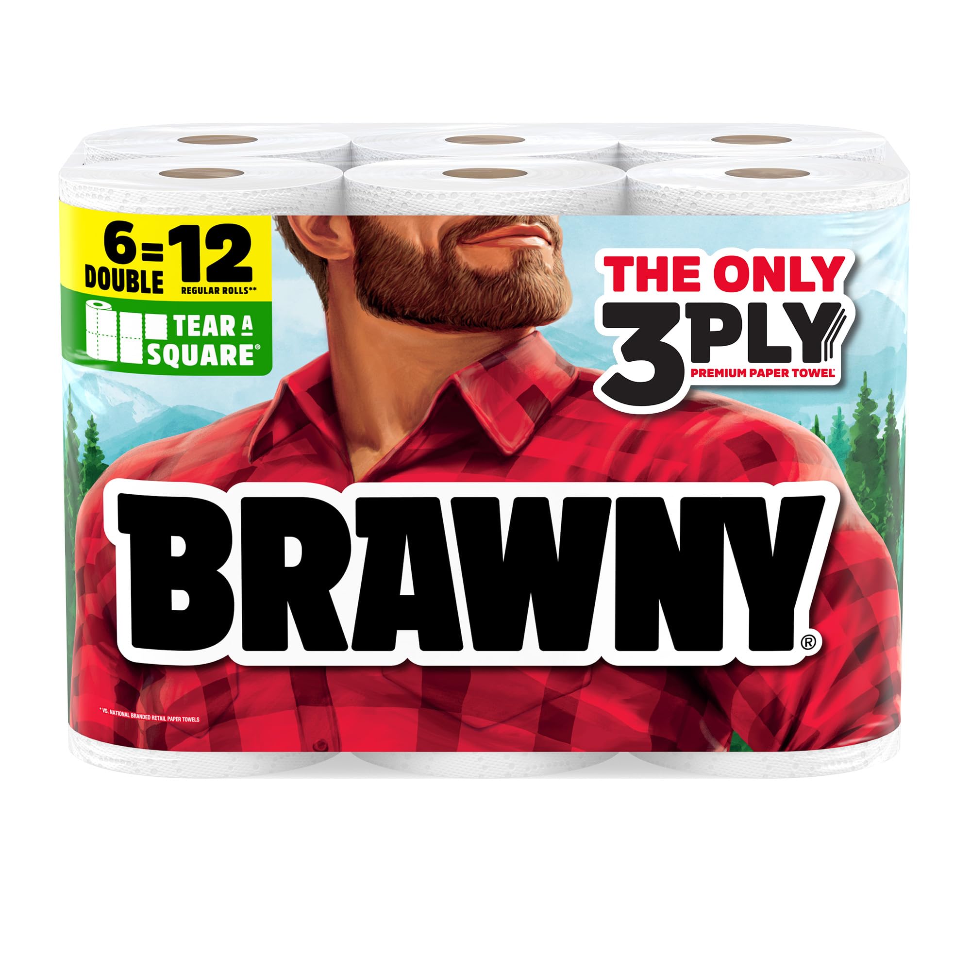 Brawny Tear-A-Square 3-Ply Paper Towels, 6 Double Rolls = 12 Regular Rolls, Strong, Absorbent, and Durable with 3 Sheet Sizes