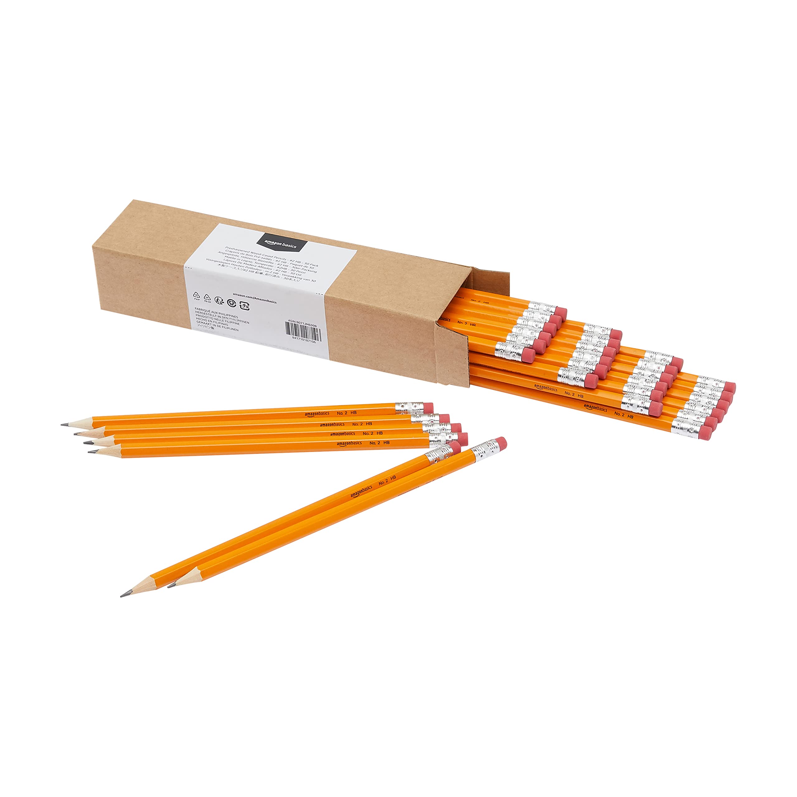 Amazon Basics Wood-Cased #2 HB School Pencils with Erasers for Writing and Drawing, Pre-sharpened, Soft Strong Lead, Orange,