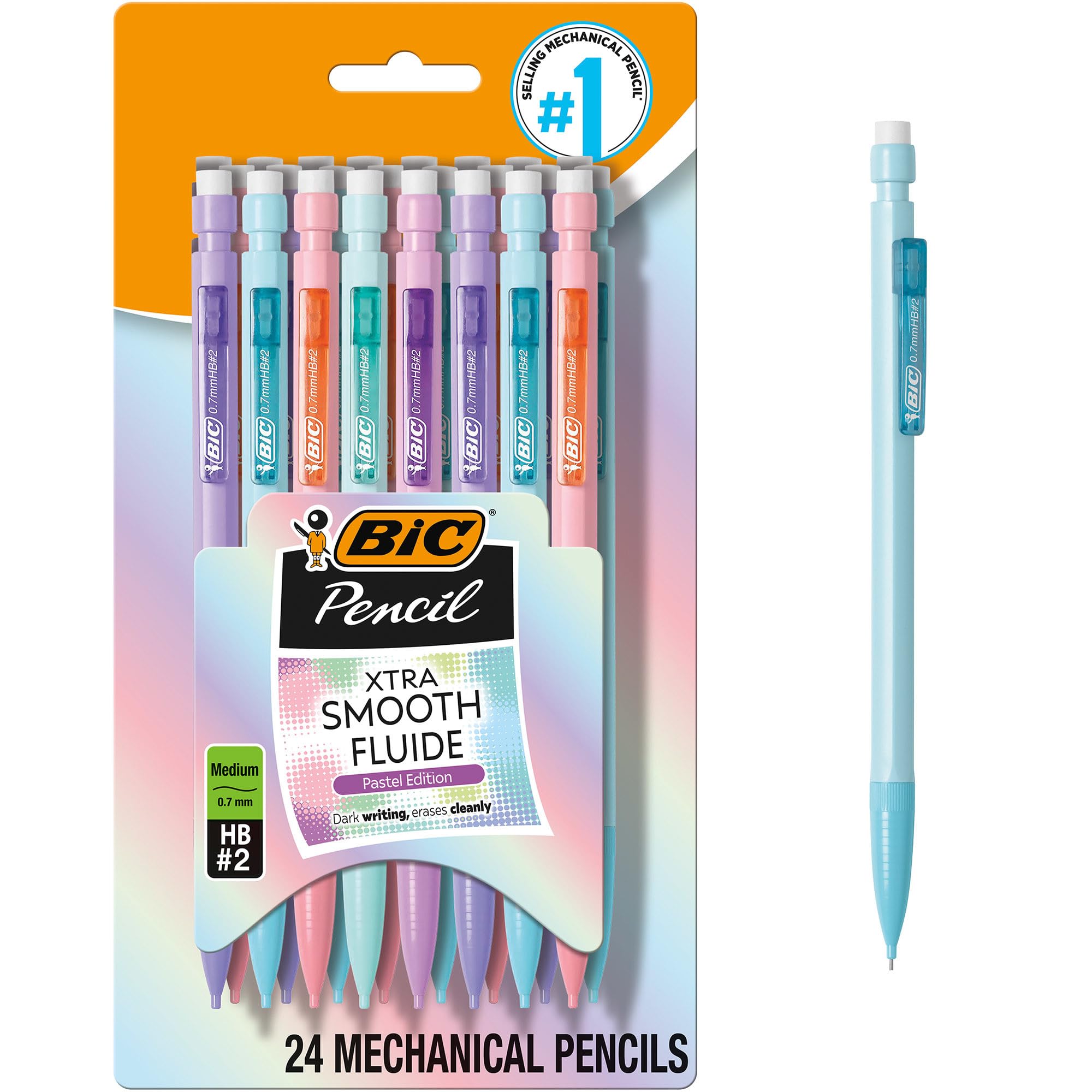BIC Xtra-Smooth Pastel Mechanical Pencils with Erasers, Medium Point (0.7mm), 24-Count Pack, Bulk Mechanical Pencils for Scho