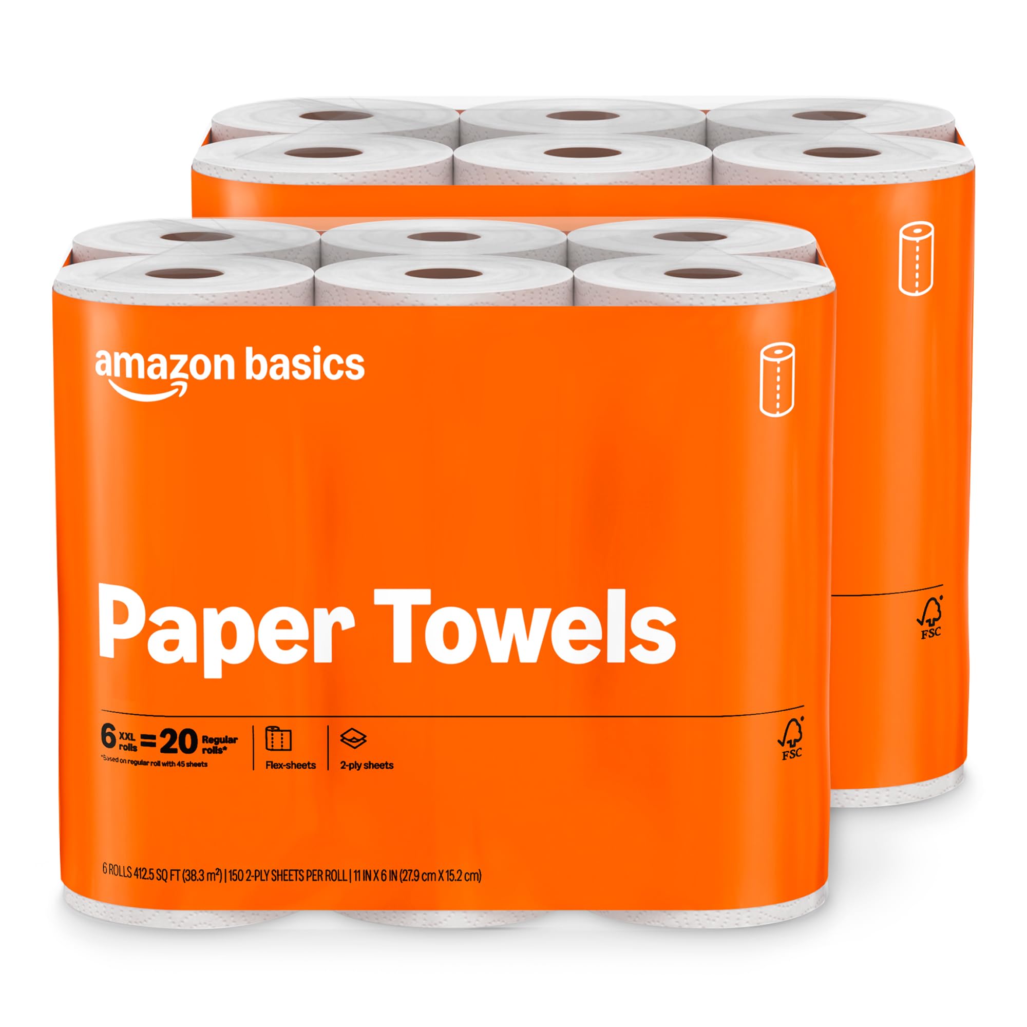 Amazon Basics 2-Ply Flex-Sheets Paper Towels, 12 Basics Rolls = 40 Regular Rolls, Everyday Value with 150 Sheets per Roll, Pa