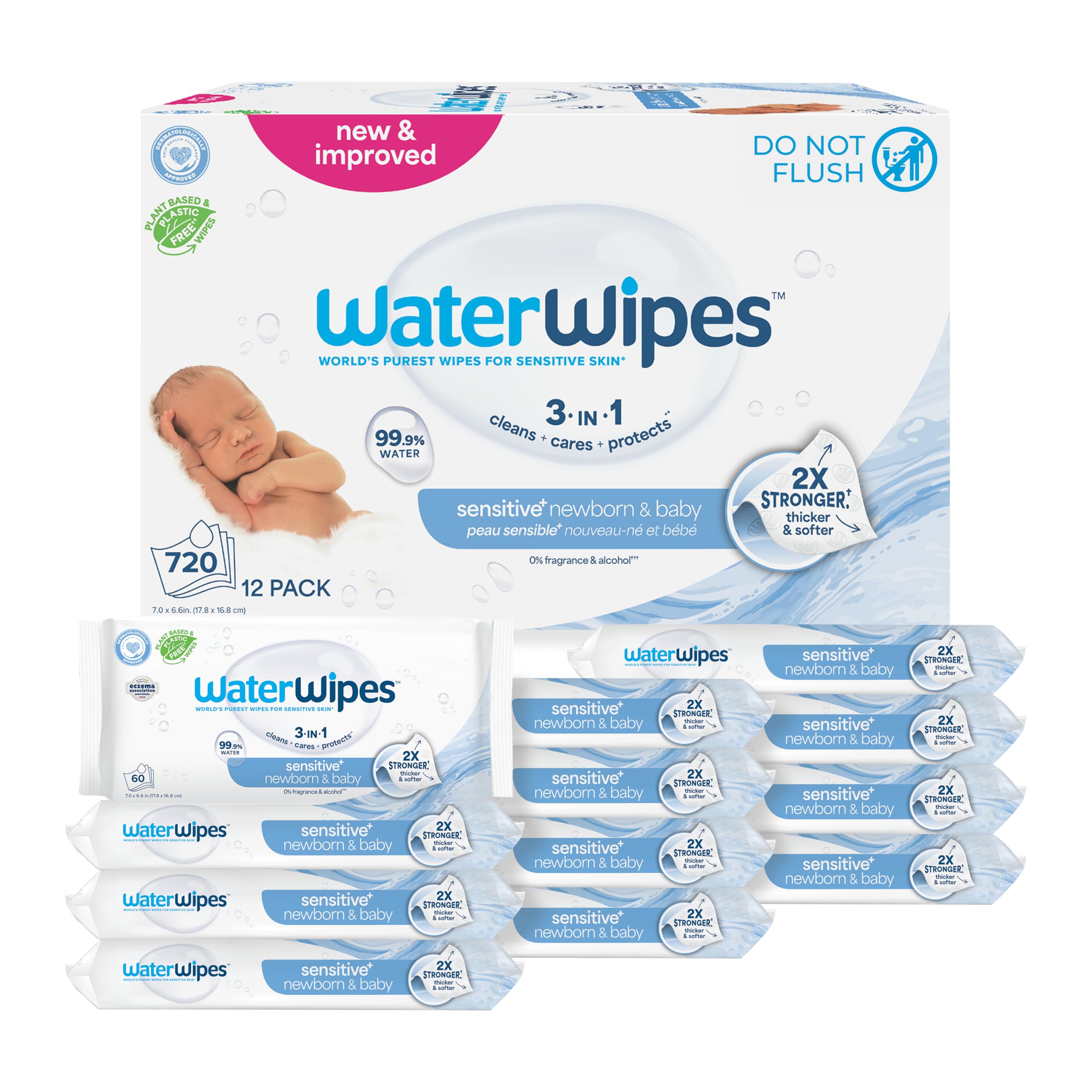 WaterWipes Sensitive+ Newborn & Baby Wipes, 3-In-1 Cleans, Cares, Protects, 99.9% Water, Unscented & Hypoallergenic, 720 Coun