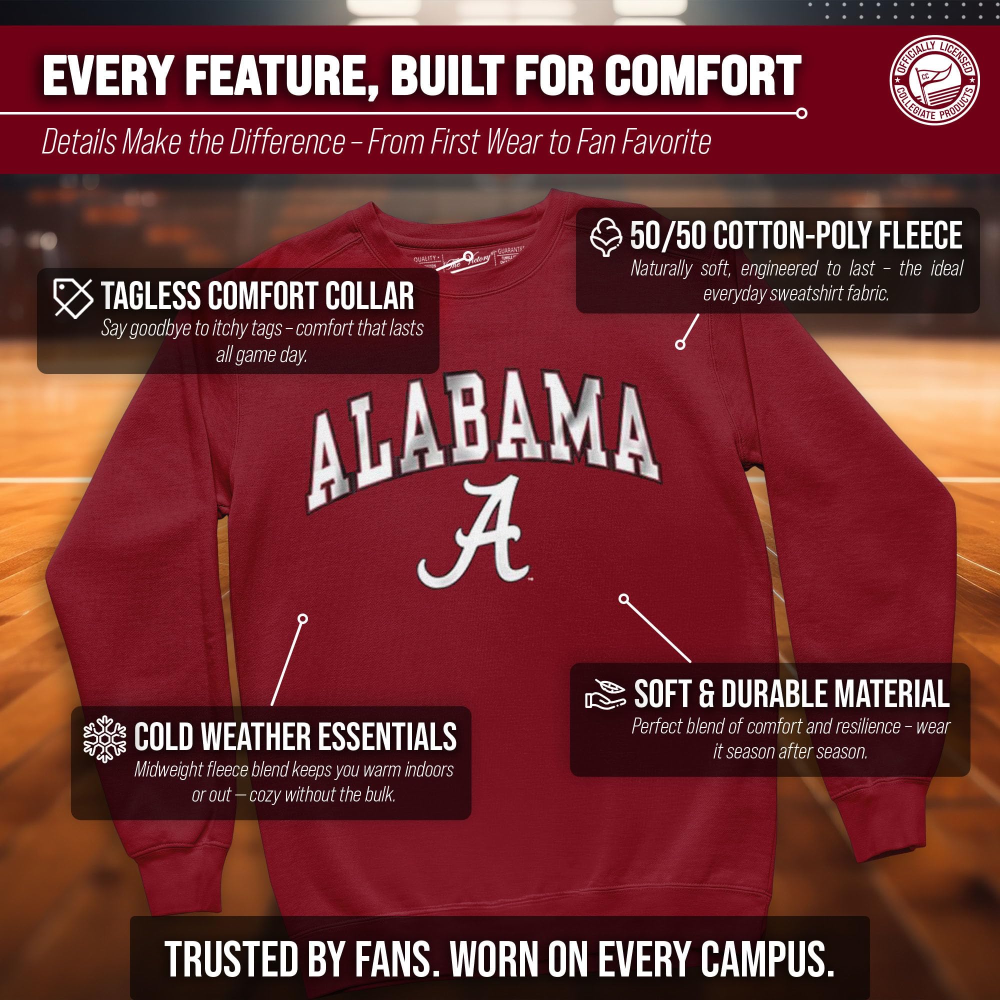 NCAA College Sweatshirt Fleece Crewneck Pullover for Men and Women | Officially licensed NCAA college gameday crewneck pullover - 9 oz fleece lined sweatshirt with arch and logo design