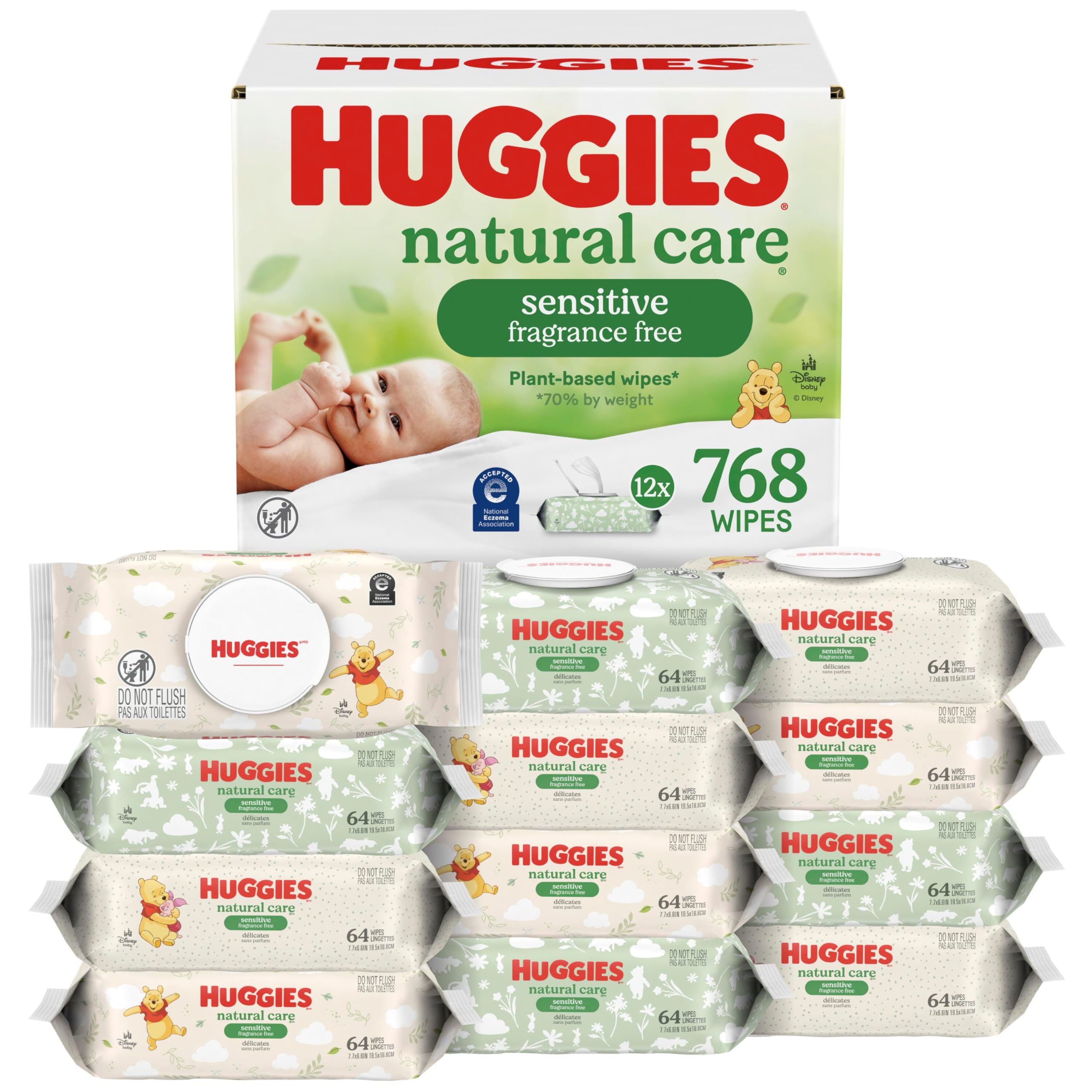 Huggies Natural Care Sensitive Baby Wipes, Unscented, Hypoallergenic, 99% Purified Water, 12 Flip-Top Packs (768 Wipes Total)