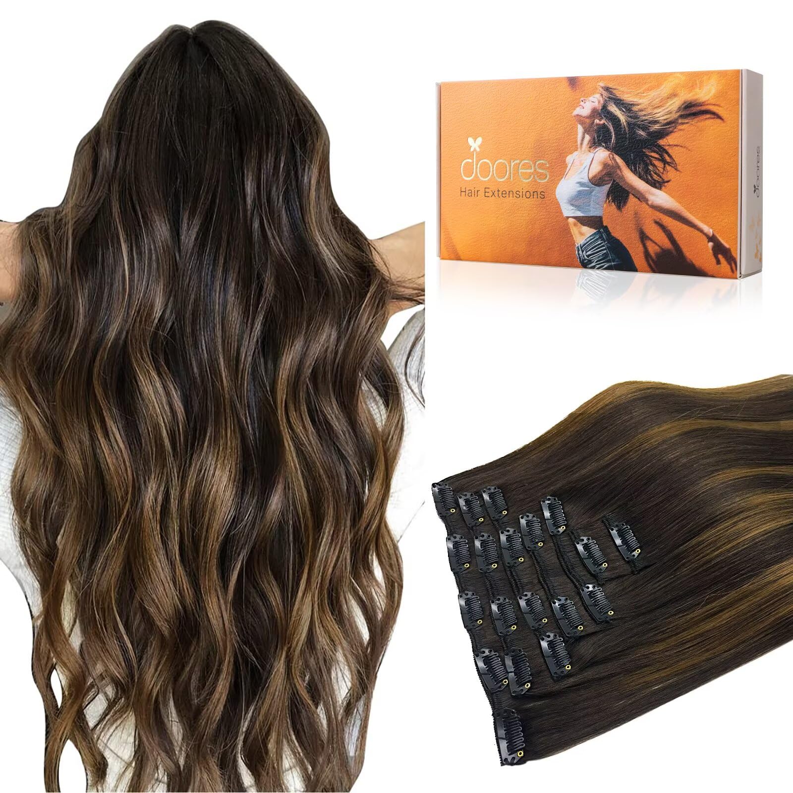 DOORES Clip in Hair Extensions Human Hair Extensions, Balayage Dark Brown to Chestnut Brown 120g 7pcs 18 Inch Real Human Hair