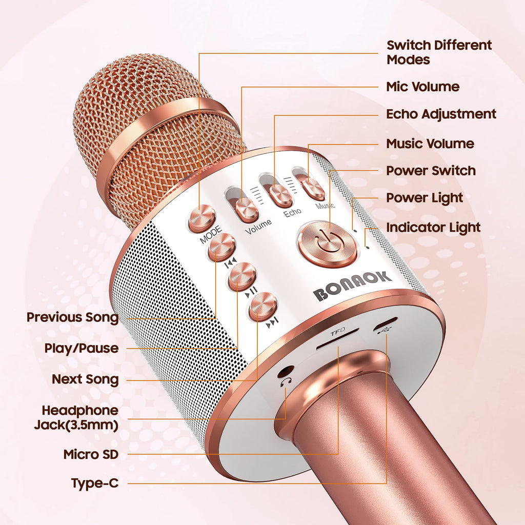 BONAOK Wireless Bluetooth Karaoke Microphone,3-in-1 Portable Handheld Karaoke Mic Speaker Machine Home Party Birthday for All Smartphones PC(Q37 Rose Gold)