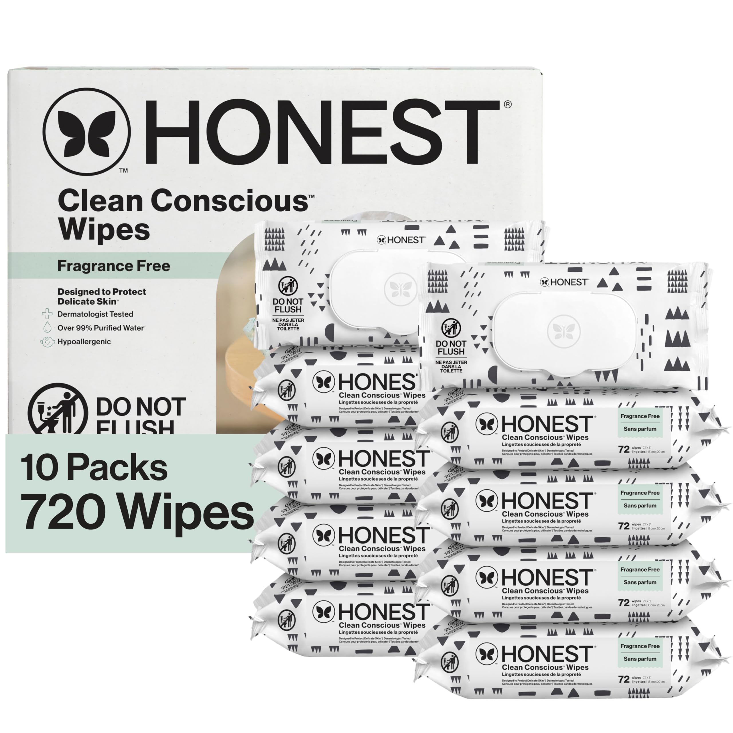 The Honest Company Baby Wipes for Sensitive Skin, Hypoallergenic, Fragrance-Free, Multi-Use, Pattern Play Design, 720 Count (
