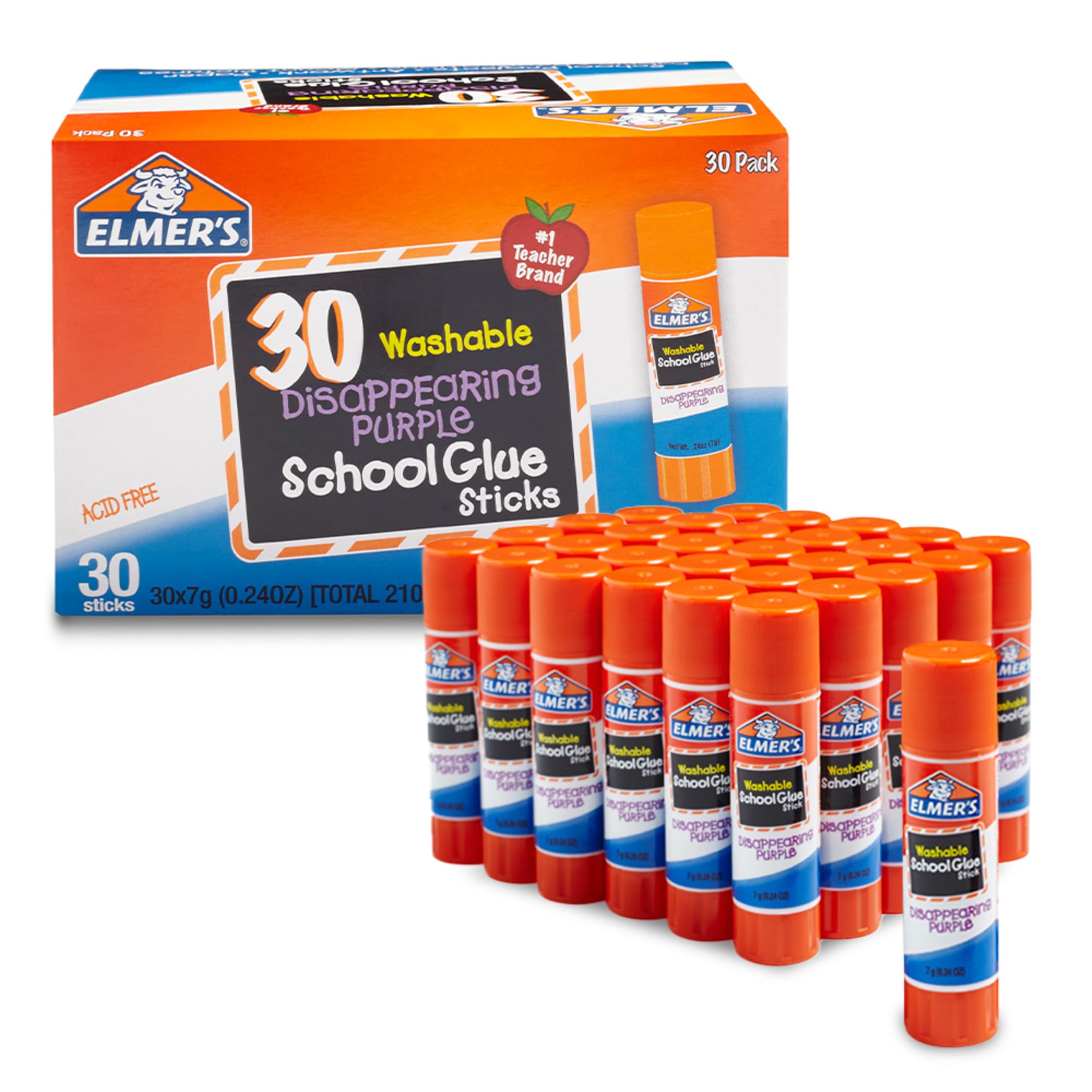 Elmer's Disappearing Purple School Glue Sticks, Washable, 7 Grams, 30 Count - Posters, Back to School, Bulk Pack for Classroo