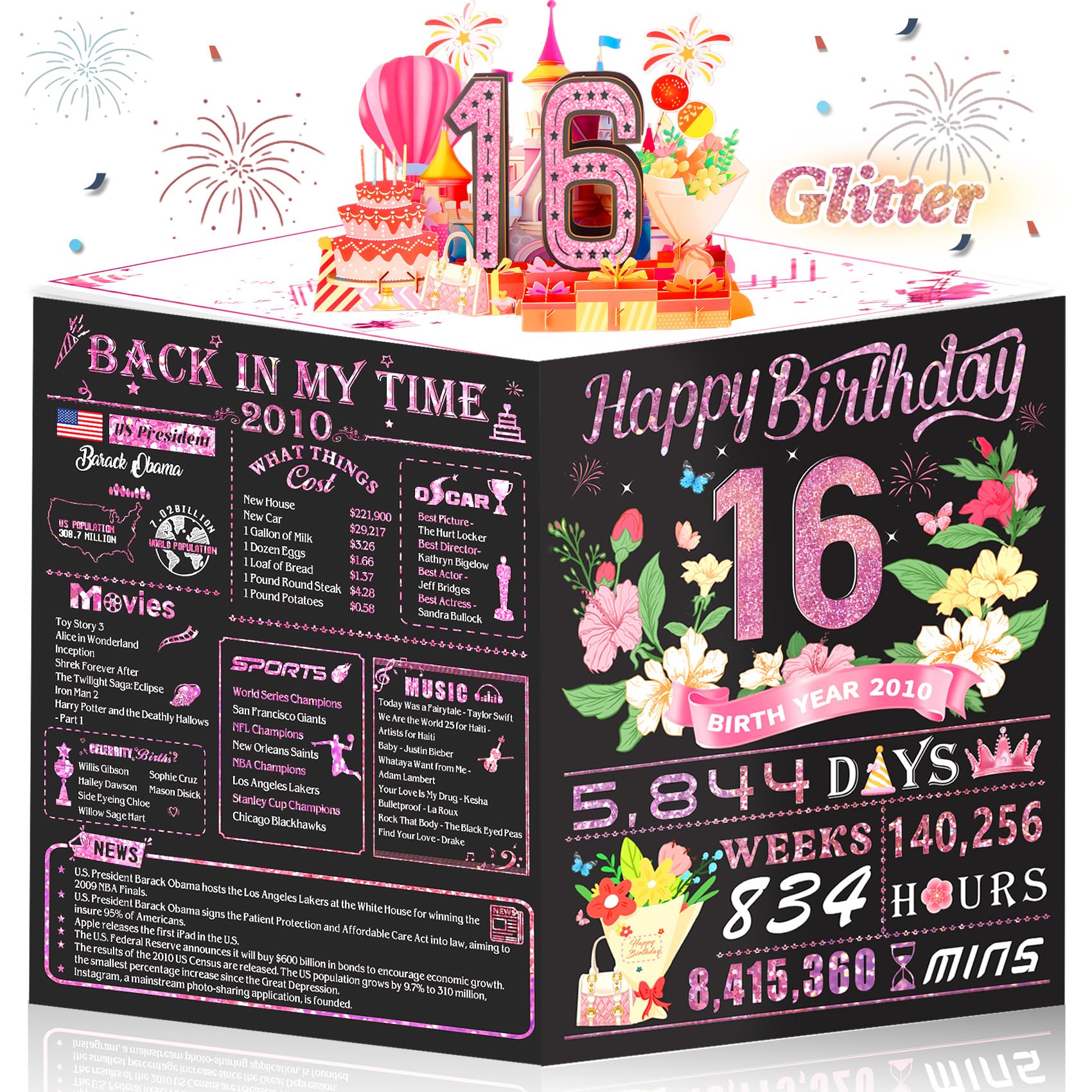 Sweet 16th Birthday Card for Girls Daughter,3D Pop Up Sweet 16th Birthday Cards for Granddaughter Sister,16th Birthday Decora