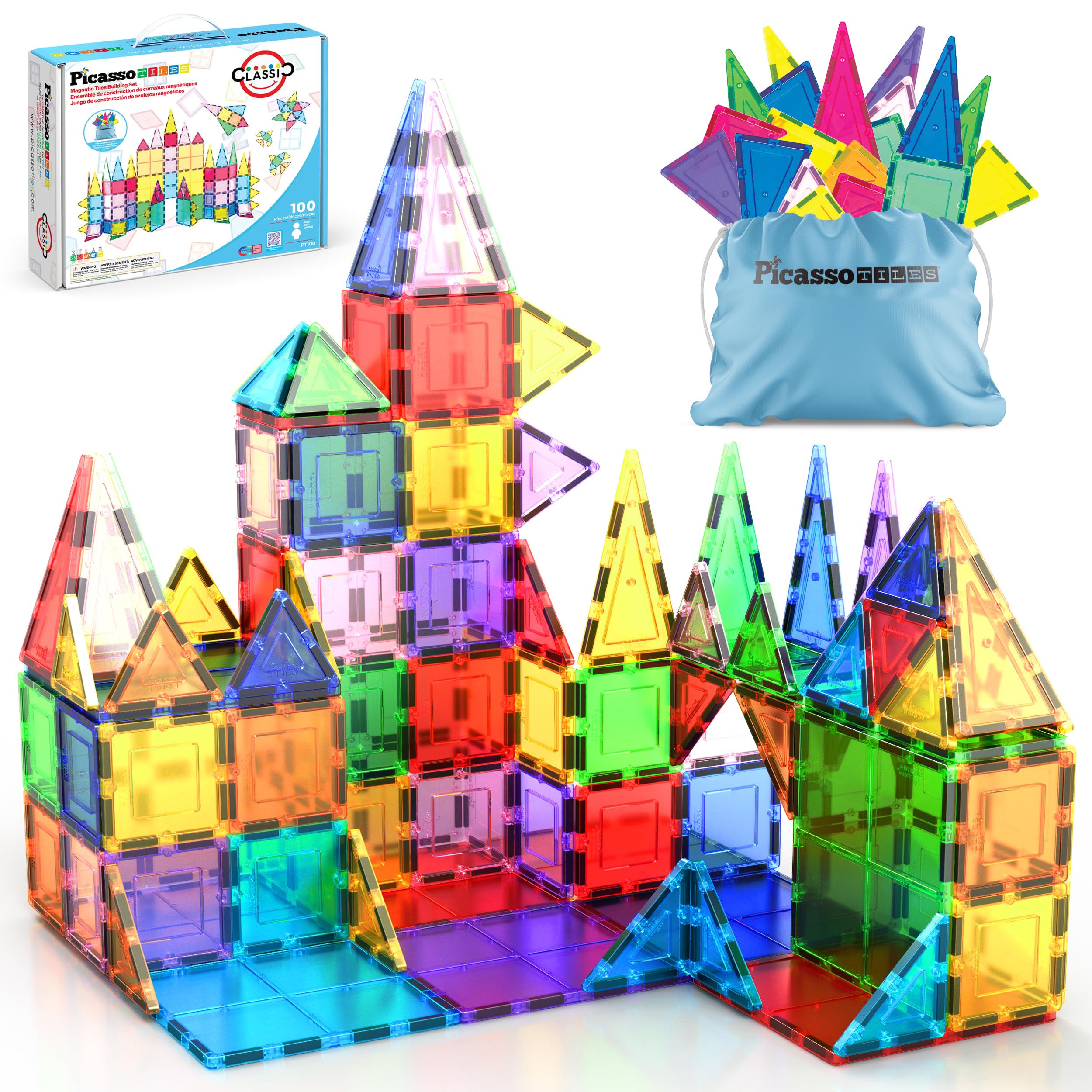 PicassoTiles 100 Piece Set 100pcs Magnet Building Tiles Clear Magnetic 3D Blocks Construction Playboards, Creativity Beyond I